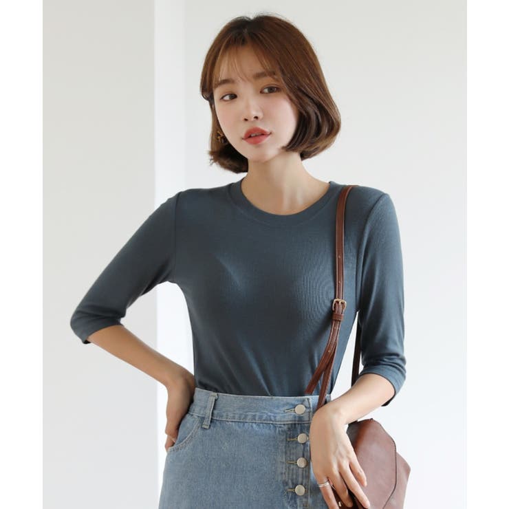 ラウンドネック スリムライン ソフトリブ 7分丈 Tシャツ | by muni:r | 詳細画像8 