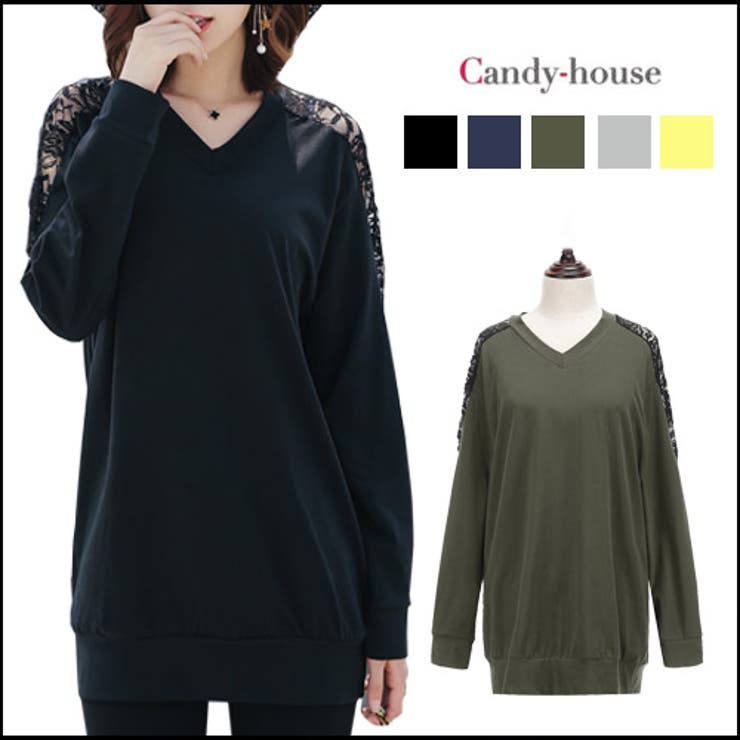 Vネック ドルマン ワンピース チュニック レース 切り替え 1884 | candy-house  | 詳細画像1 