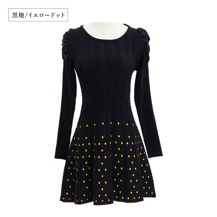 黒地/イエロードット | レディース ニットワンピース 長袖 | candy-house 