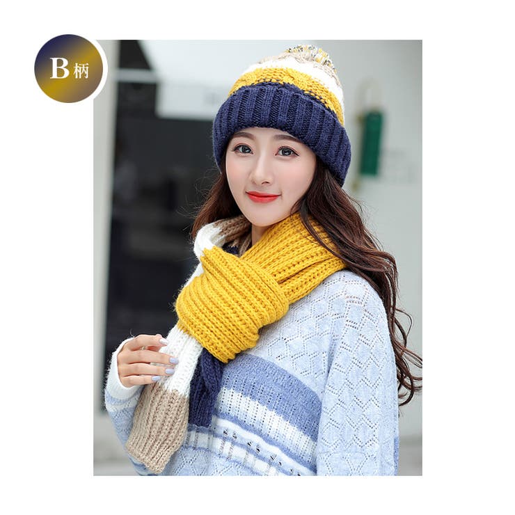 B柄 | レディース 裏ボア ニット帽子 | candy-house 