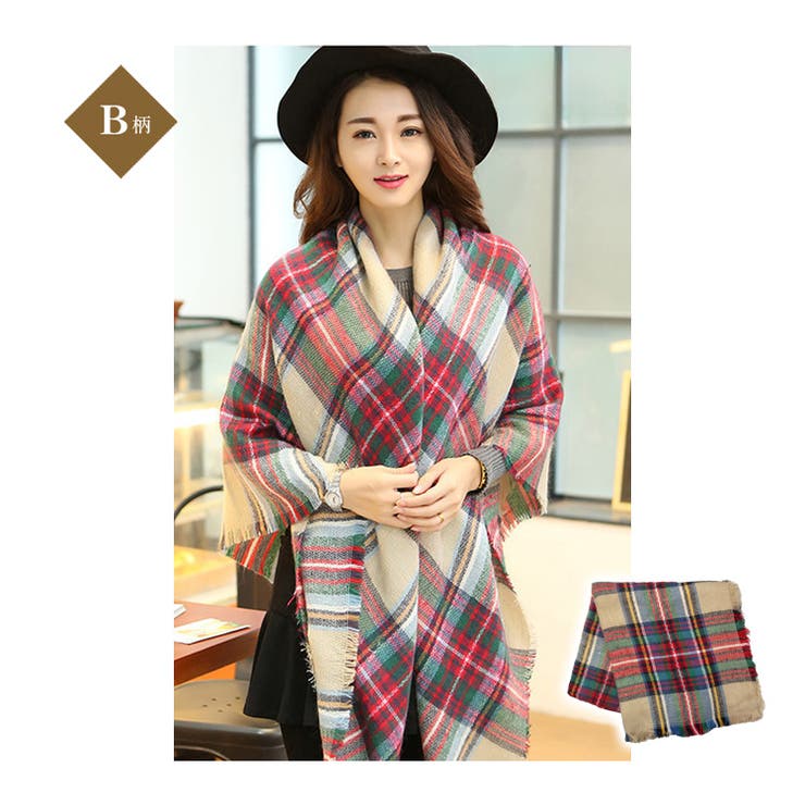B柄 | レディース 大判チェック柄ストール フリンジ付き | candy-house 