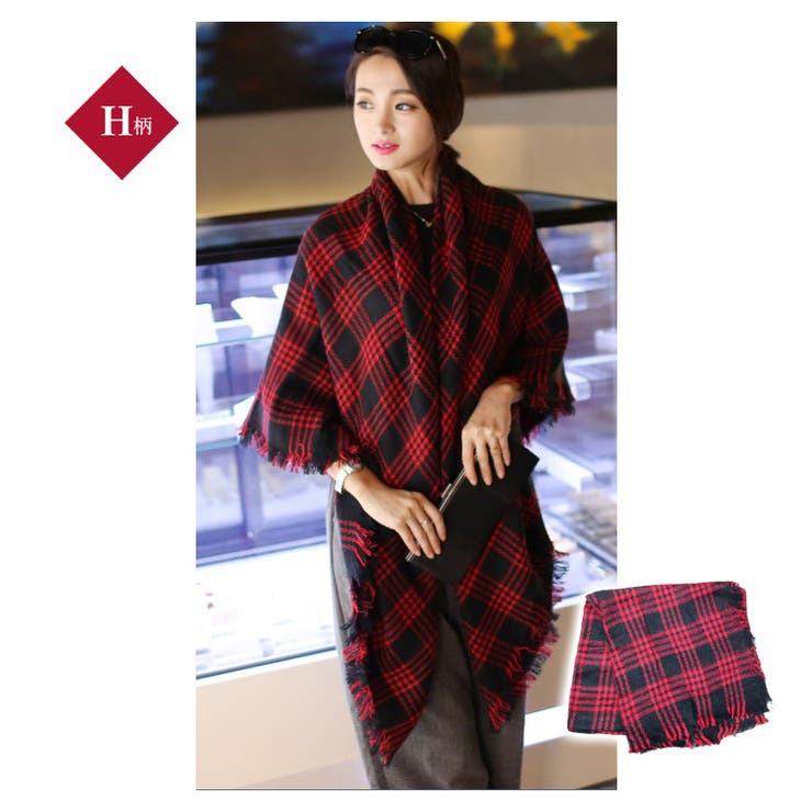 H柄 | レディース 大判チェック柄ストール フリンジ付き | candy-house 