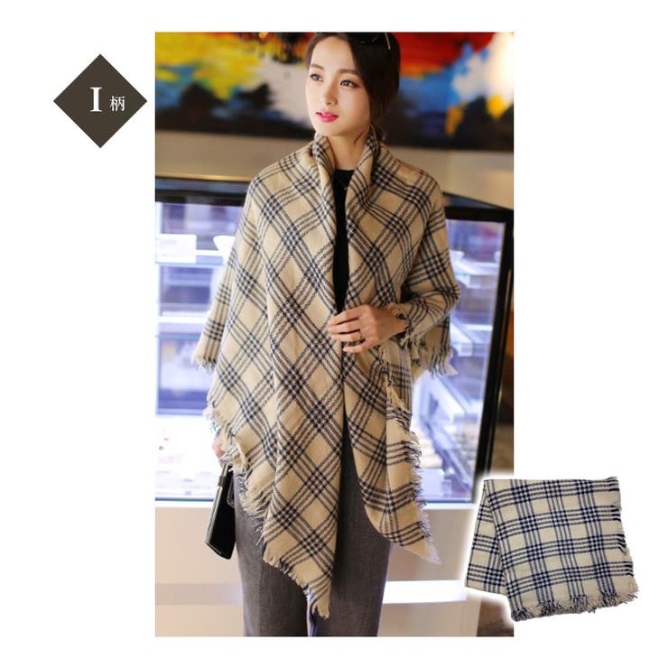 I柄 | レディース 大判チェック柄ストール フリンジ付き | candy-house 