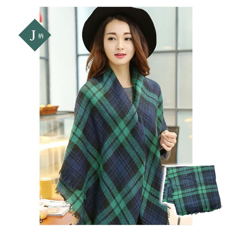 J柄 | レディース 大判チェック柄ストール フリンジ付き | candy-house 