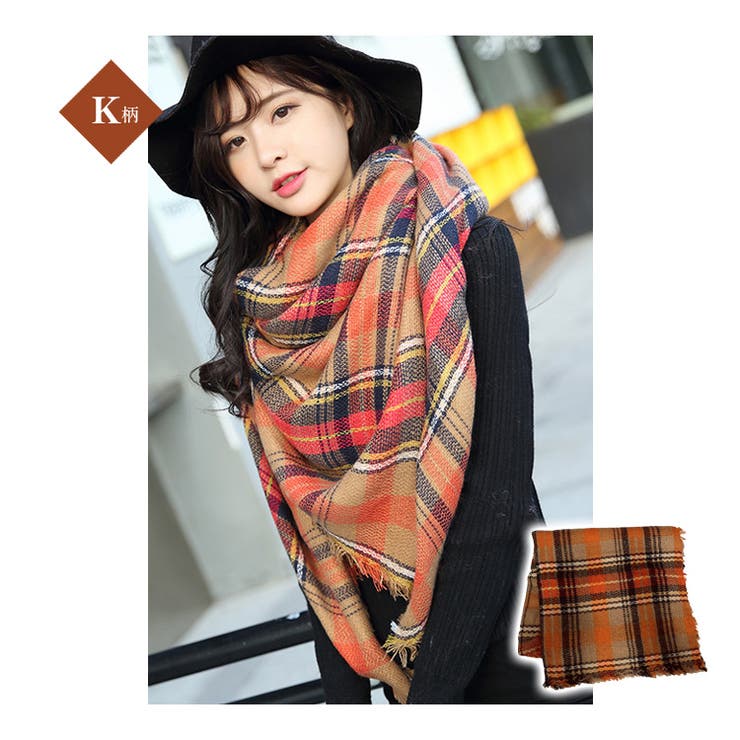K柄 | レディース 大判チェック柄ストール フリンジ付き | candy-house 