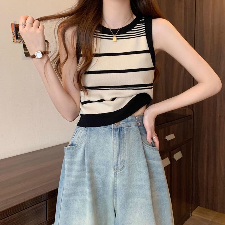ボーダー柄ニットタンクトップ サマータンクトップス ショート丈タンクトップ | Carpe diem | 詳細画像4 