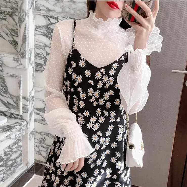 フリル レースシアーブラウス シャーリングタートルネック | Carpe diem | 詳細画像1 