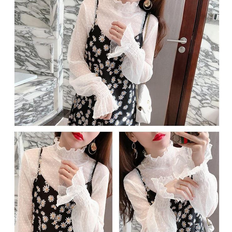 フリル レースシアーブラウス シャーリングタートルネック | Carpe diem | 詳細画像2 