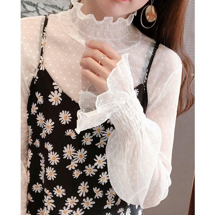 フリル レースシアーブラウス シャーリングタートルネック | Carpe diem | 詳細画像4 