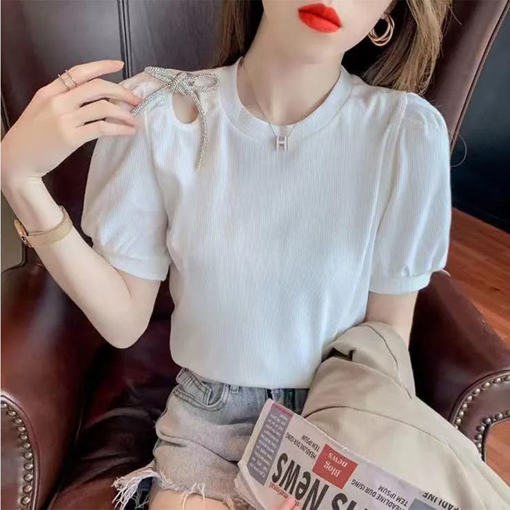 ホワイト | 半袖ブラウス トップス 飾り付き | Carpe diem