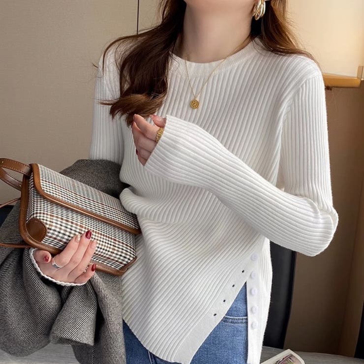 ホワイト | ニットトップス長袖 トップス サイドスリット | Carpe diem