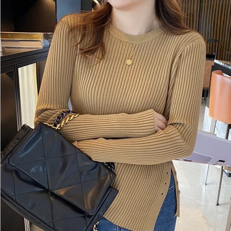キャメル | ニットトップス長袖 トップス サイドスリット | Carpe diem