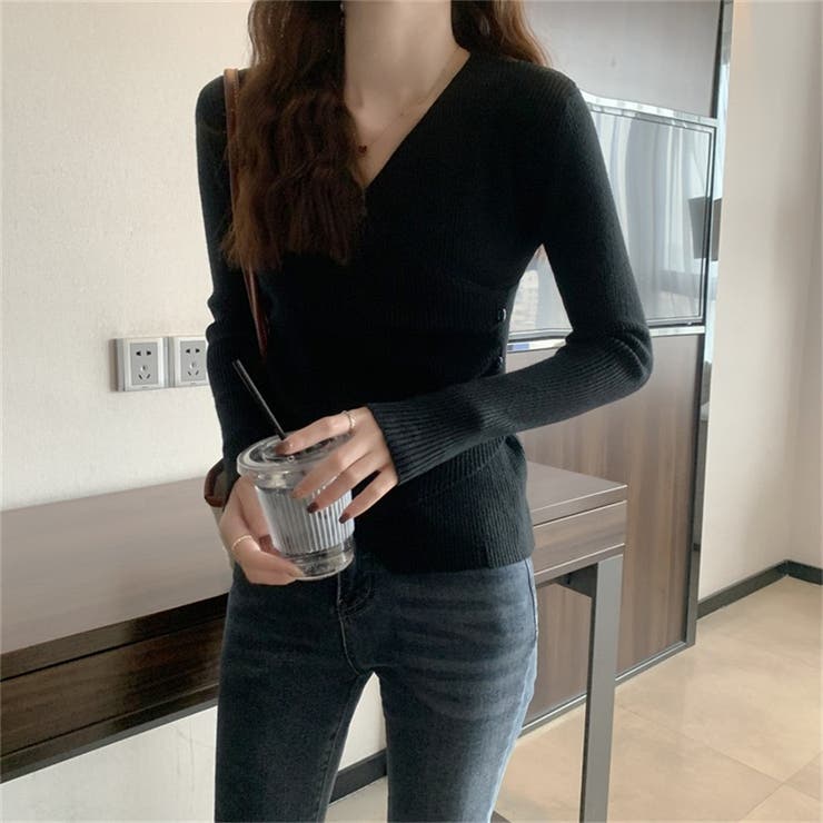 ブラック | クロスニット カシュクールニット トップス | Carpe diem