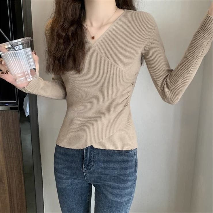 モカベージュ | クロスニット カシュクールニット トップス | Carpe diem