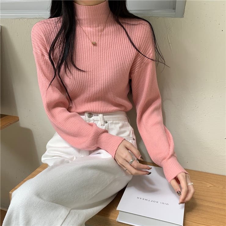 ピンク | リブニット パフスリーブ ハイネック | Carpe diem