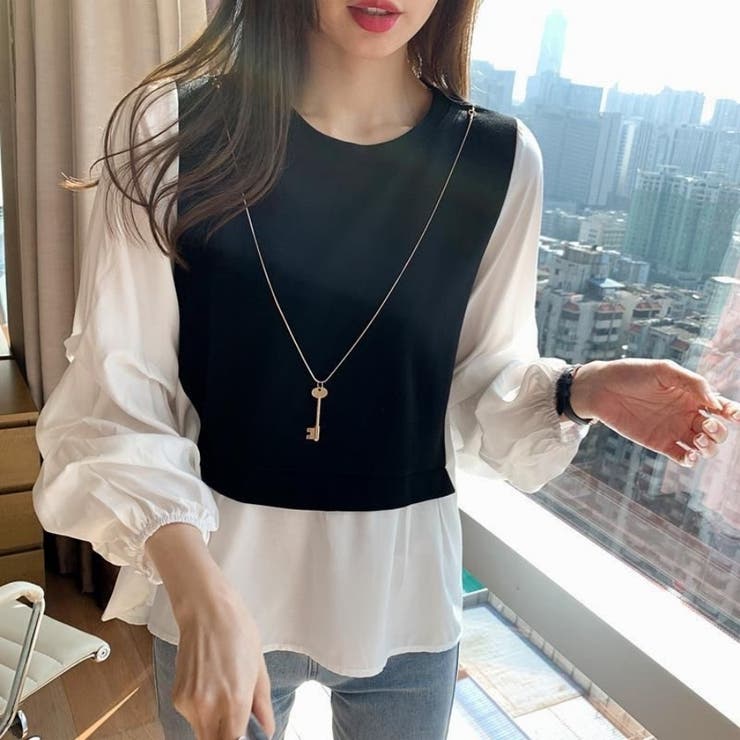 バイカラートップス レイヤード風トップス シャツブラウス | Carpe diem | 詳細画像1 