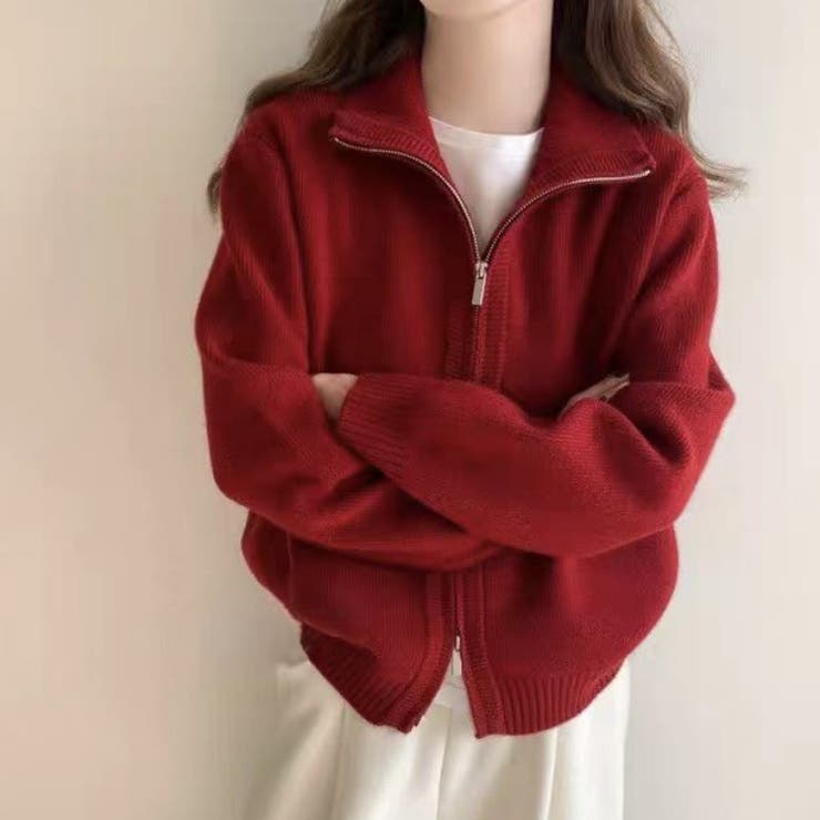 ゆったりダブルジップアップニットブルゾン レディース ニット