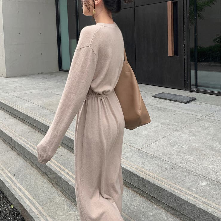 Vネックニットワンピース ウエストリボン付き ロング丈ワンピ | Carpe diem | 詳細画像9 