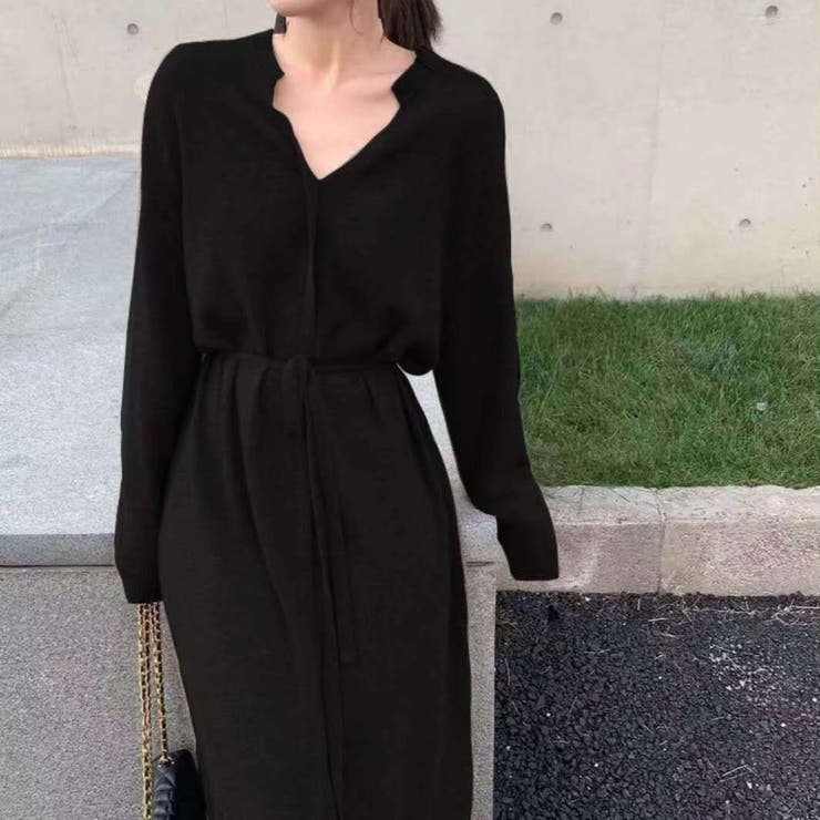 ブラック | Vネックニットワンピース ウエストリボン付き ロング丈ワンピ | Carpe diem