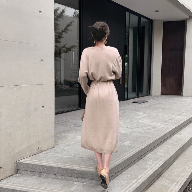 Vネックニットワンピース ウエストリボン付き ロング丈ワンピ | Carpe diem | 詳細画像11 