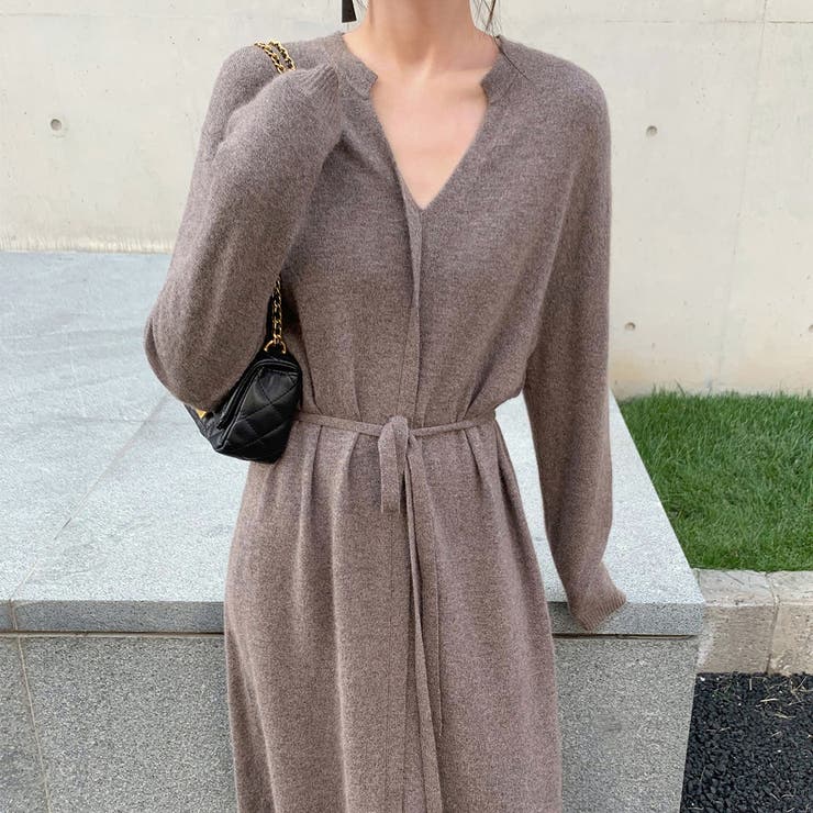 Vネックニットワンピース ウエストリボン付き ロング丈ワンピ | Carpe diem | 詳細画像1 