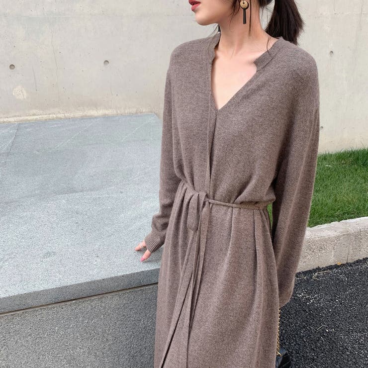 Vネックニットワンピース ウエストリボン付き ロング丈ワンピ | Carpe diem | 詳細画像2 