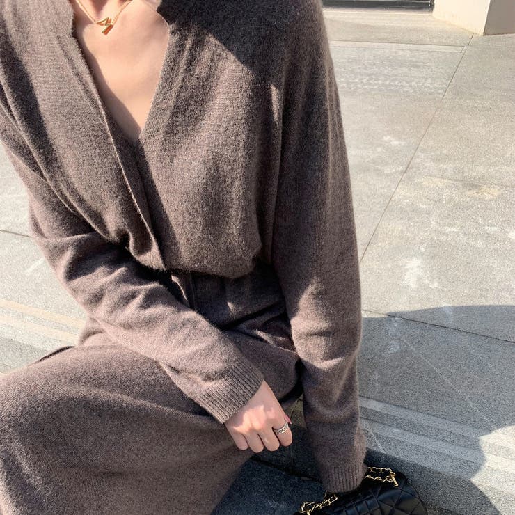 Vネックニットワンピース ウエストリボン付き ロング丈ワンピ | Carpe diem | 詳細画像4 