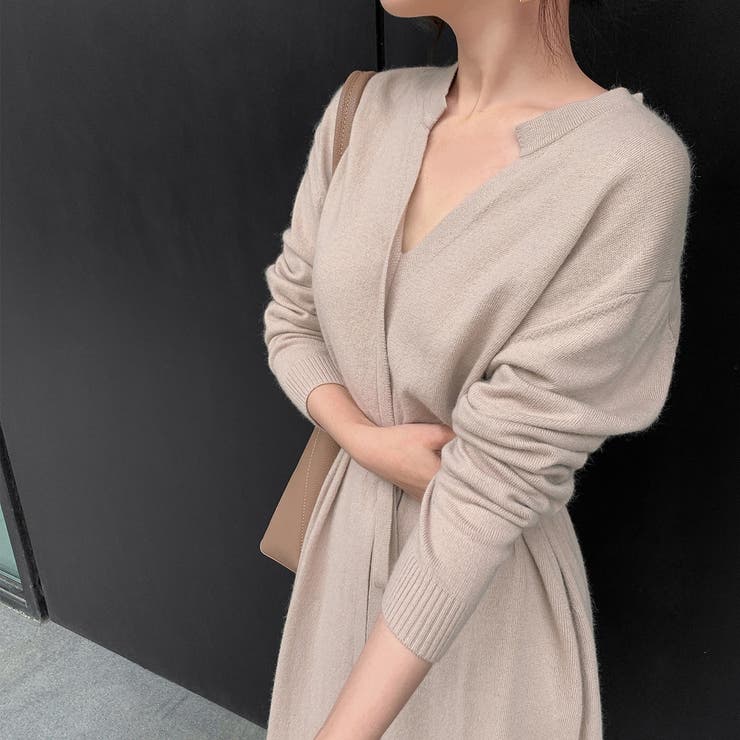 Vネックニットワンピース ウエストリボン付き ロング丈ワンピ | Carpe diem | 詳細画像5 