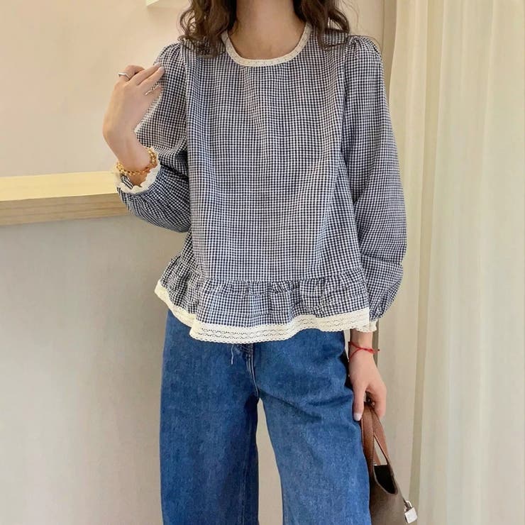 ギンガムチェック レーストリム シャツブラウス | Carpe diem | 詳細画像1 