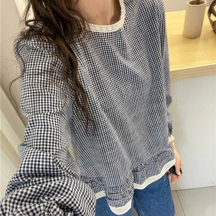 ギンガムチェック レーストリム シャツブラウス | Carpe diem | 詳細画像4 