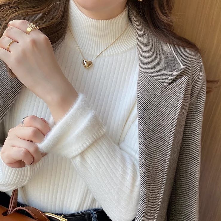 ホワイト | 裏起毛ニットトップス 厚手ニット リブニット | Carpe diem