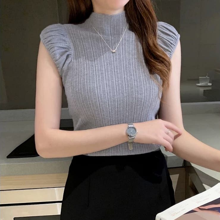 グレー | ボリューム袖 サマーニットトップス ハイネックニット | Carpe diem