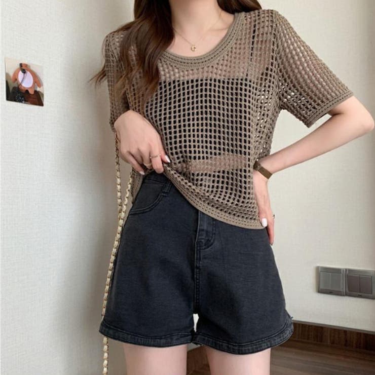 透かし編みニットトップス ショート丈 半袖無地 | Carpe diem | 詳細画像8 