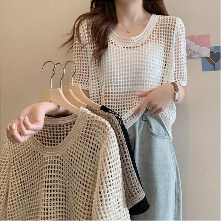 透かし編みニットトップス ショート丈 半袖無地 | Carpe diem | 詳細画像1 