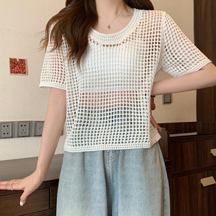 透かし編みニットトップス ショート丈 半袖無地 | Carpe diem | 詳細画像3 