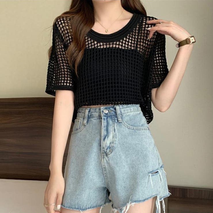 透かし編みニットトップス ショート丈 半袖無地 | Carpe diem | 詳細画像4 