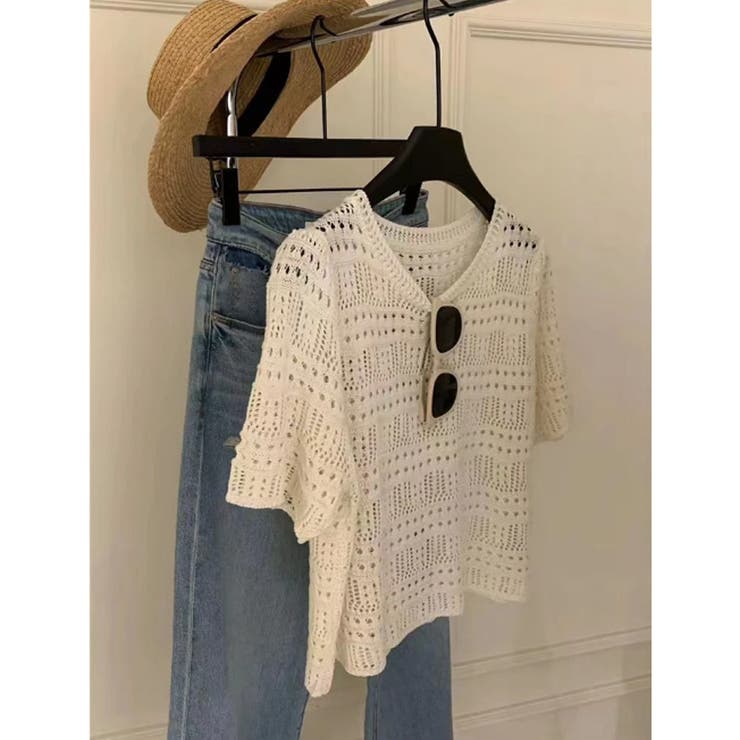 透かし編みニットトップス ショート丈 半袖無地 | Carpe diem | 詳細画像8 