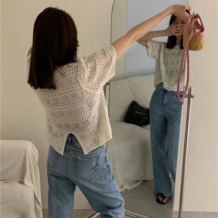 透かし編みニットトップス ショート丈 半袖無地 | Carpe diem | 詳細画像4 