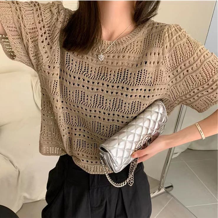 ライトブラウン | 透かし編みニットトップス ショート丈 半袖無地 | Carpe diem