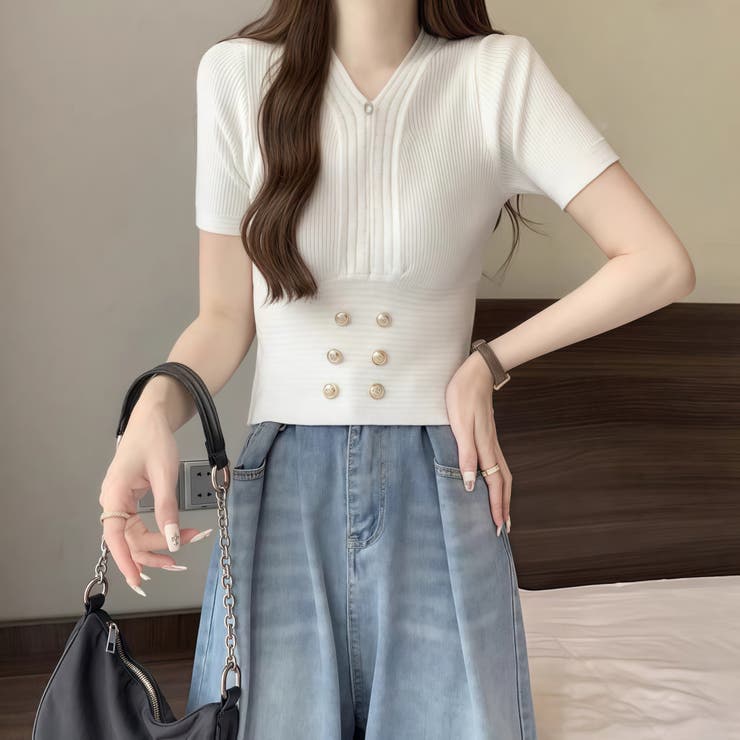 ボタン付きショート丈ニットトップス サマーニット 半袖ニット | Carpe diem | 詳細画像8 