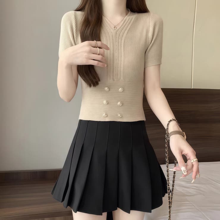 ボタン付きショート丈ニットトップス サマーニット 半袖ニット | Carpe diem | 詳細画像1 