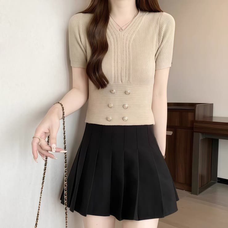 ボタン付きショート丈ニットトップス サマーニット 半袖ニット | Carpe diem | 詳細画像3 