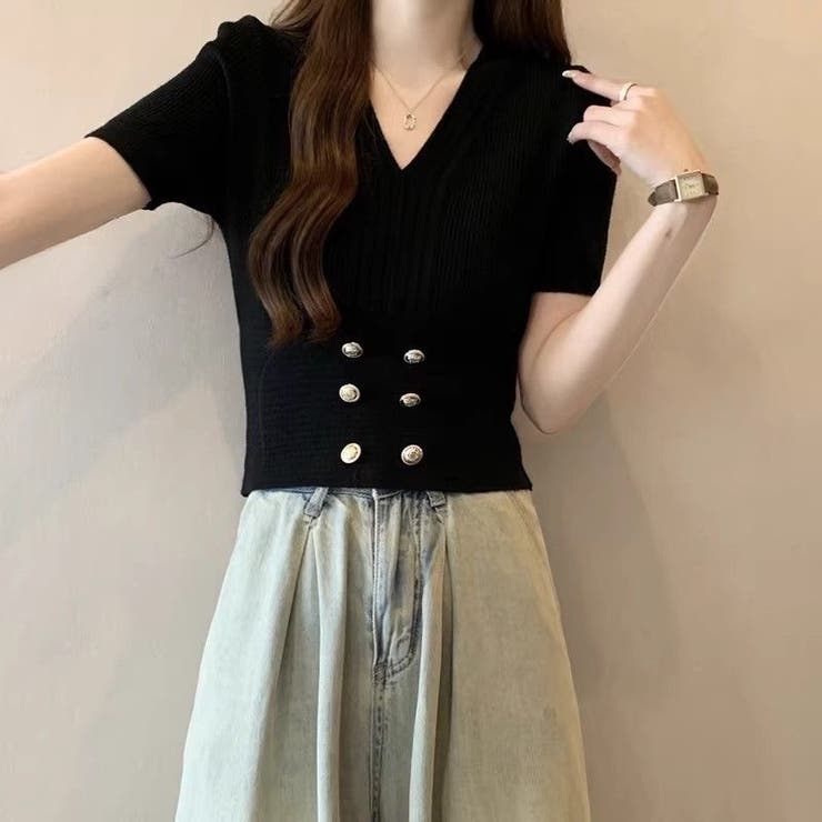 ボタン付きショート丈ニットトップス サマーニット 半袖ニット | Carpe diem | 詳細画像7 