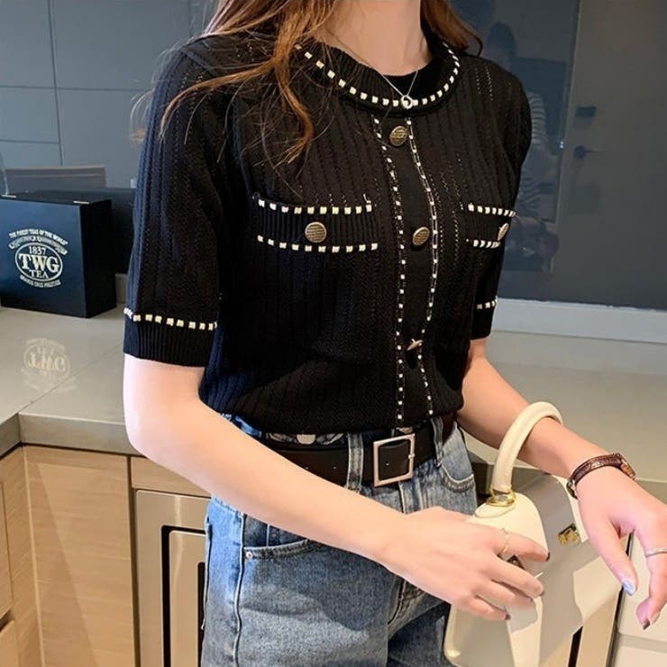 透かし編みニット 半袖トップス エレガント | Carpe diem | 詳細画像5 