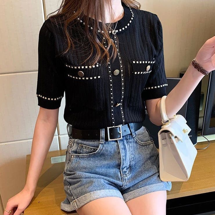 透かし編みニット 半袖トップス エレガント | Carpe diem | 詳細画像6 