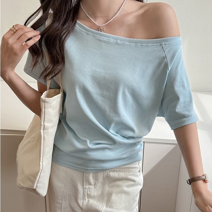 オフショルダー風半袖 ドロップショルダーTシャツ トップス[品番