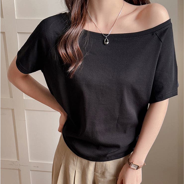 オフショルダー風半袖 ドロップショルダーTシャツ トップス[品番
