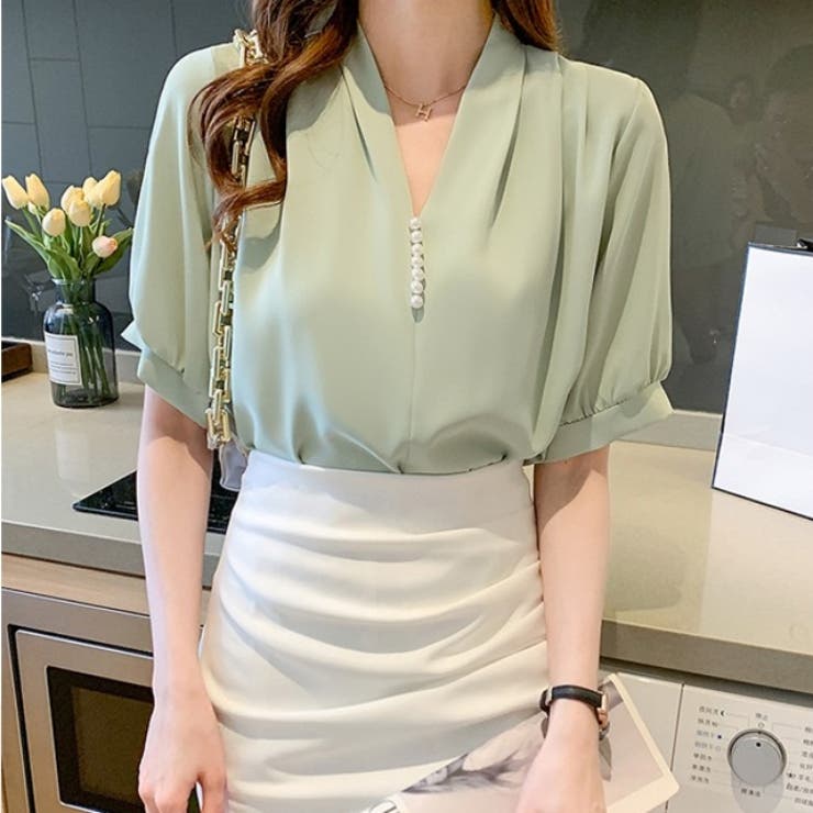 シャツ半袖 ブラウス半袖 パール付きトップス | Carpe diem | 詳細画像1 