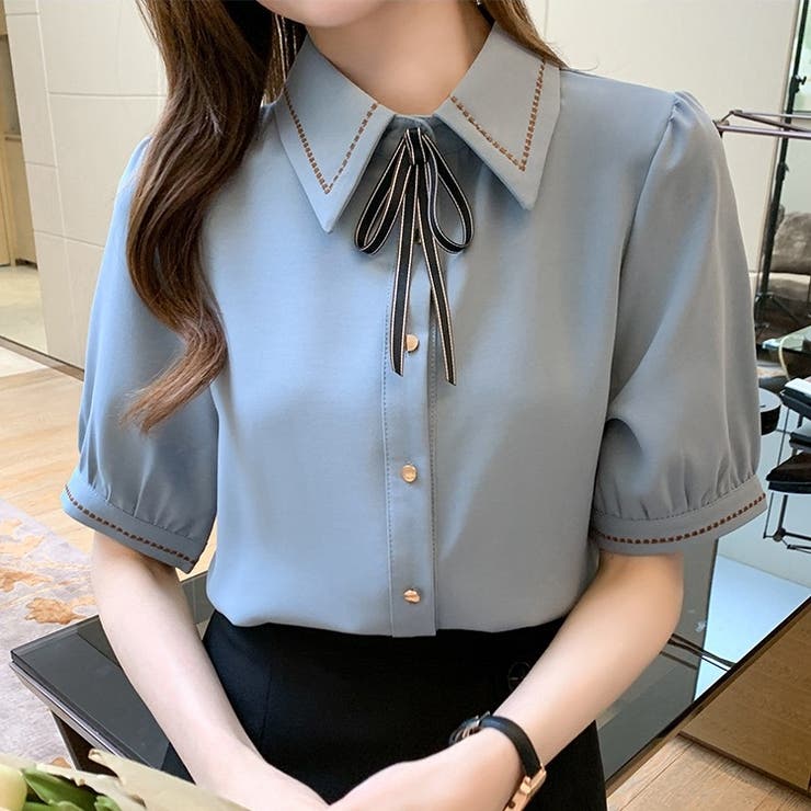 シャツブラウス半袖 ボウタイブラウス 襟付きブラウス | Carpe diem | 詳細画像1 