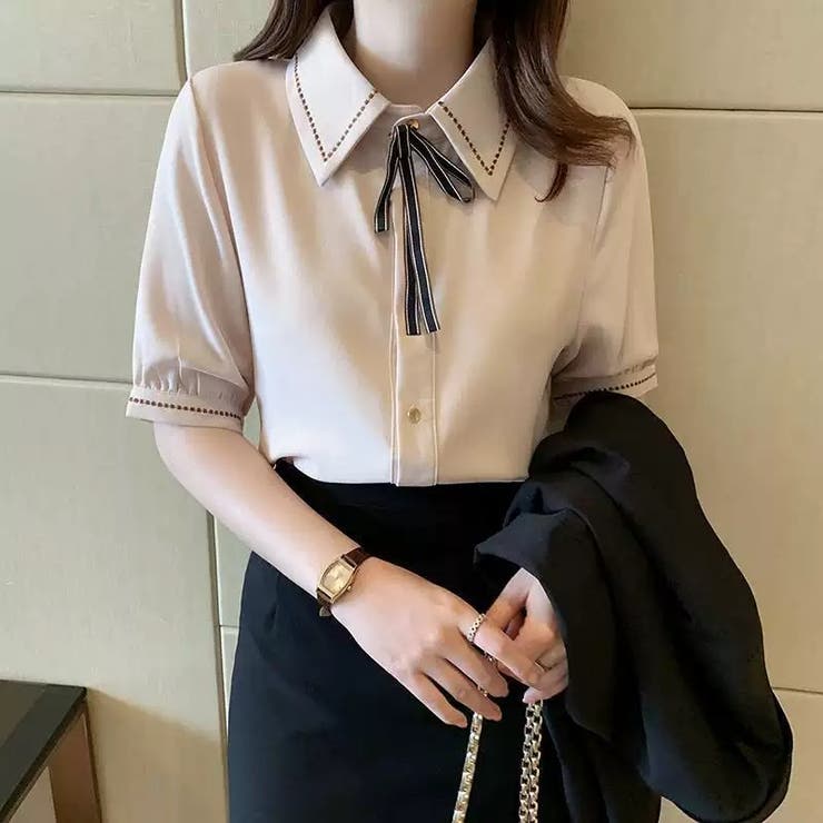 ベージュ | シャツブラウス半袖 ボウタイブラウス 襟付きブラウス | Carpe diem